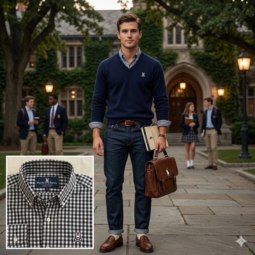 Psycho Bunny Shirt Mens 15.5 Plaid Gingham Button Down Preppy Dark Academy